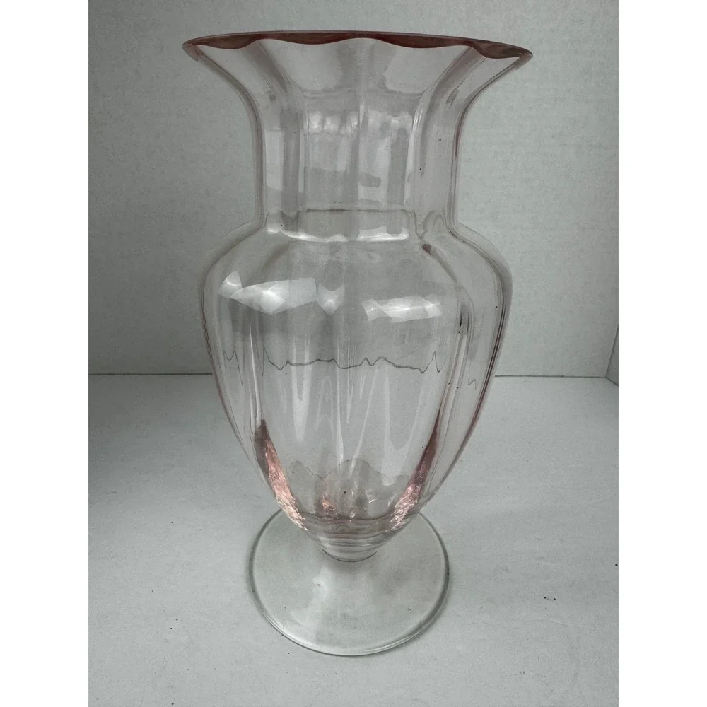 Vintage Tiffin Style Pink Ribbed Glass Vase Flared Rim Pedestal Base Optic Glass